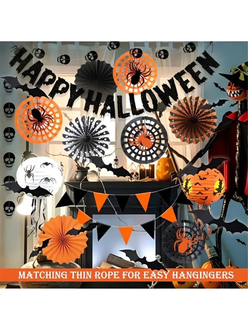 Happy Halloween Banner, Paper Fans, Skull Garland, Lanterns & Bat Stickers